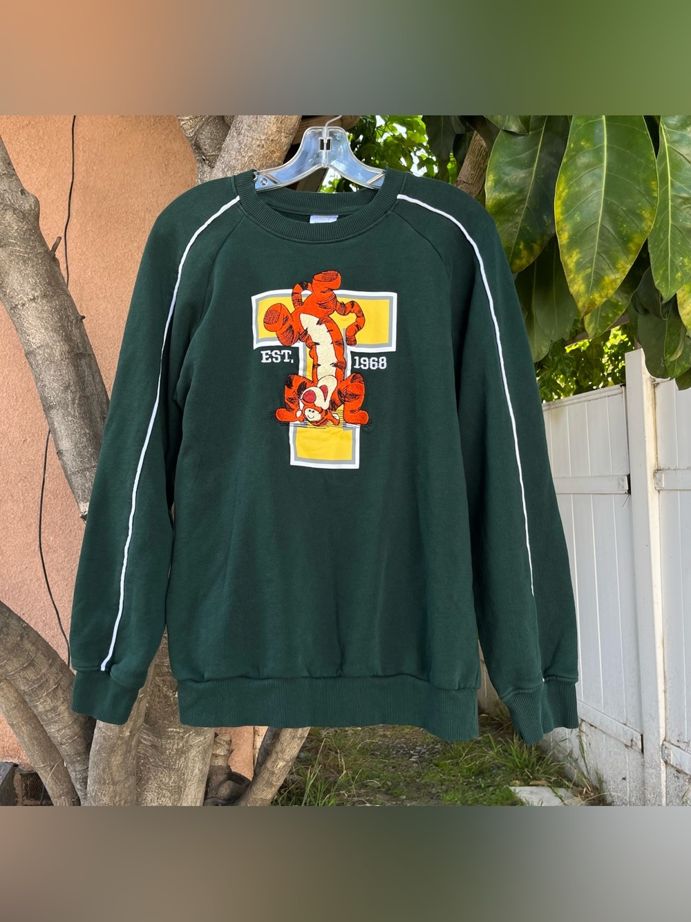 Disney Winnie the Pooh Tigger "EST. 1968" Green Letterman Crewneck Sweatshirt .